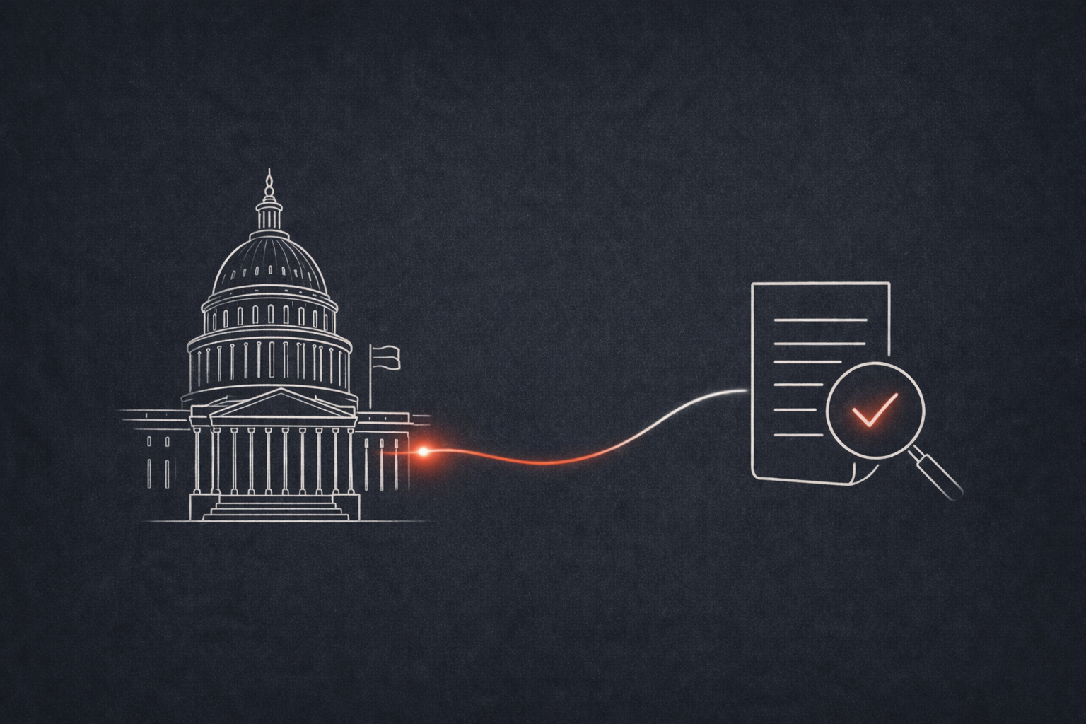 U.S. Capitol building connected by a line to a policy document with a magnifying glass, representing legislative review of IRMAA reform
